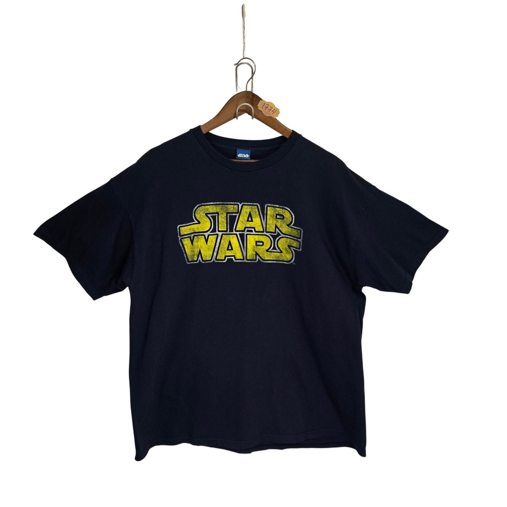 Star Wars Graphic Tee Mens XL Navy Blue Yellow Logo Short Sleeve Cotton Shirt